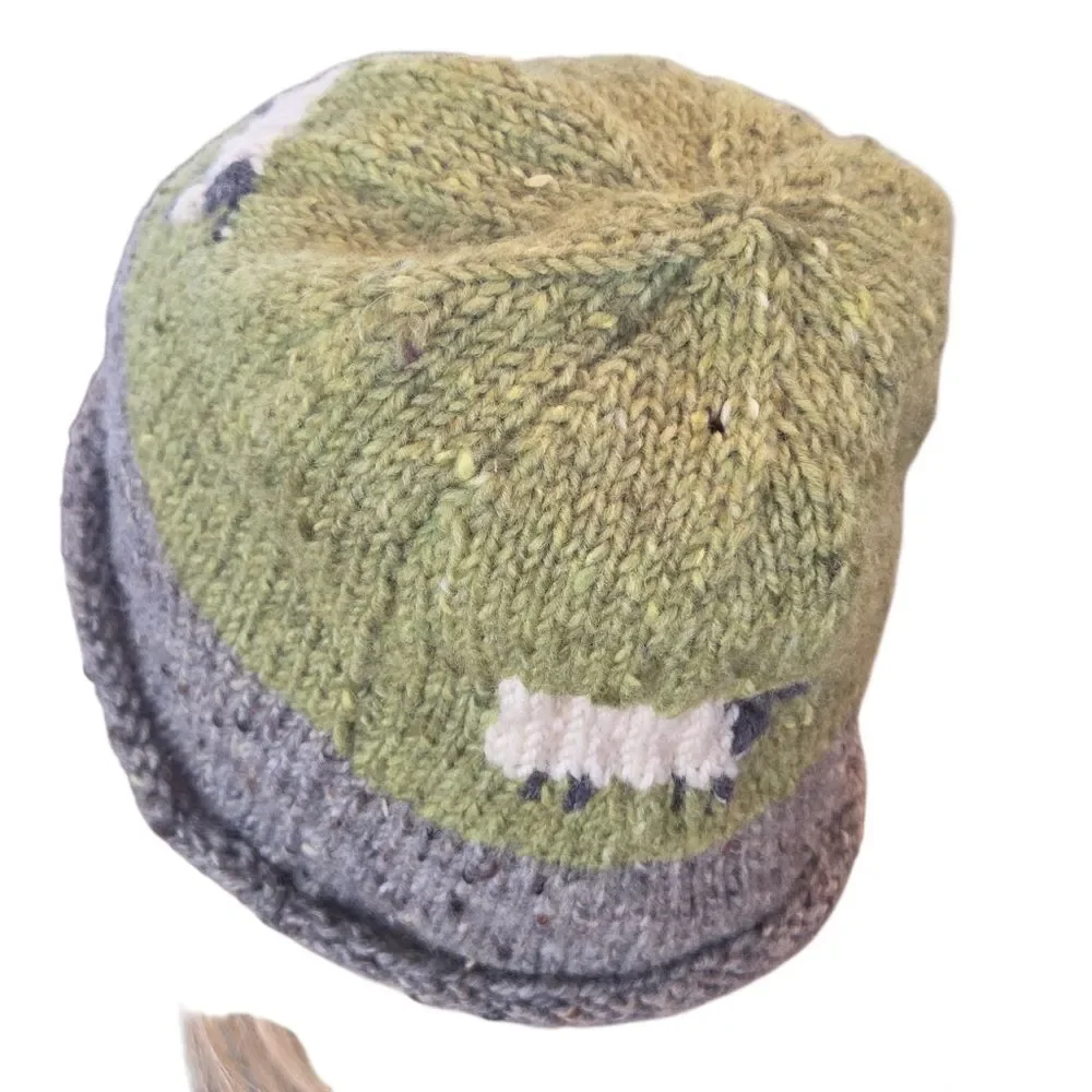 Hand-Knit Wool Beanie Ireland Artisan Sheep Motif Winter Hat NWOT Green Gray